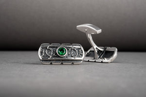 Unique handcrafted cufflinks with ornament and green gem, 925 silver fashion jewelry - vikingworkshop