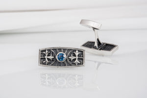 Handcrafted cufflinks with blue gem and unique ornament, sterling silver jewelry - vikingworkshop