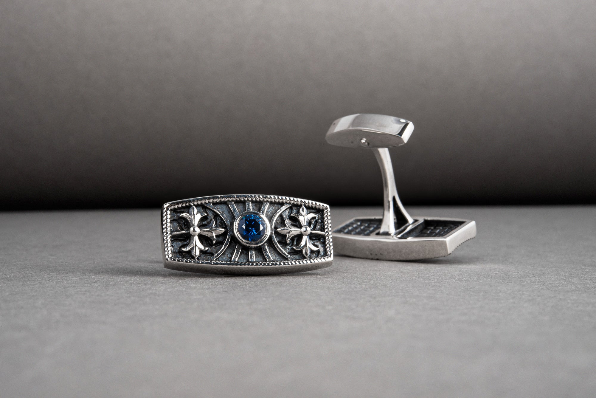 Handcrafted cufflinks with blue gem and unique ornament, sterling silver jewelry - vikingworkshop