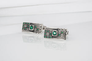 Unique handcrafted cufflinks with green gems and square ornament 925 silver fashion jewelry - vikingworkshop