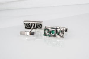 Unique handcrafted cufflinks with green gems and square ornament 925 silver fashion jewelry - vikingworkshop