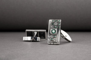 Unique handcrafted cufflinks with green gems and square ornament 925 silver fashion jewelry - vikingworkshop