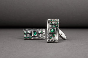 Unique handcrafted cufflinks with green gems and square ornament 925 silver fashion jewelry - vikingworkshop