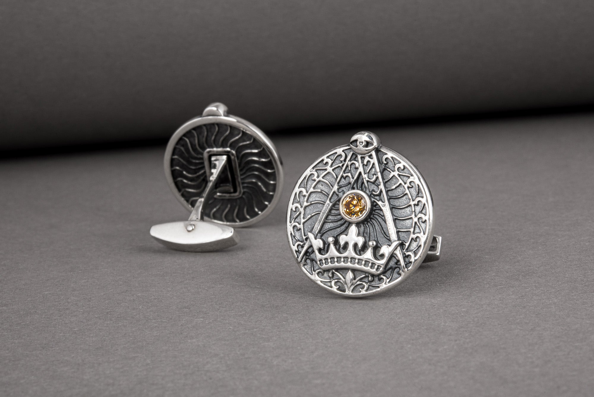 Unique Masonic handcrafted cufflinks with gem and symbols, sterling silver jewelry - vikingworkshop