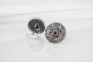Viking cufflinks shield with Fenrir and gem, unique handcrafted sterling silver jewelry - vikingworkshop