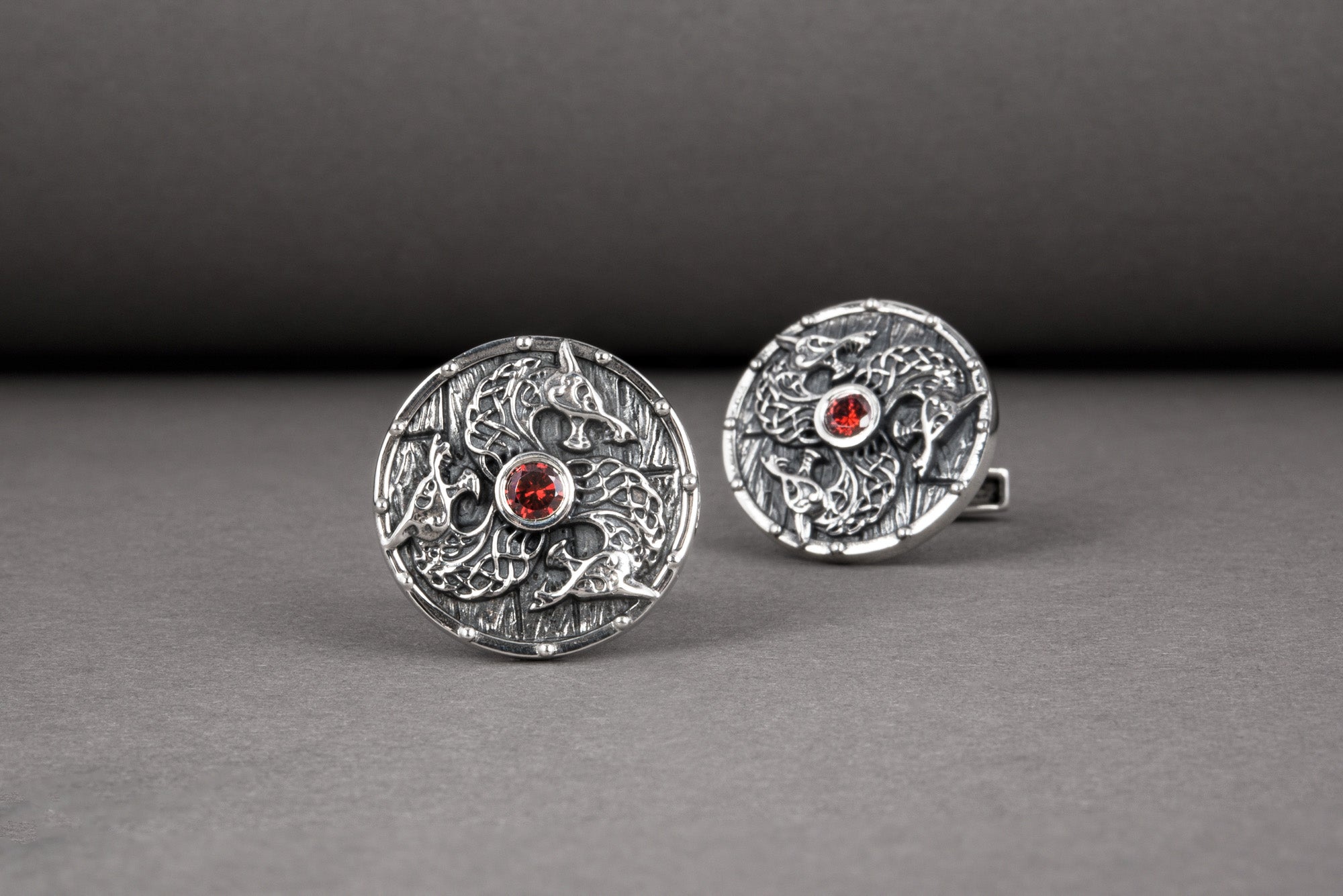 Viking cufflinks shield with Fenrir and gem, unique handcrafted sterling silver jewelry - vikingworkshop