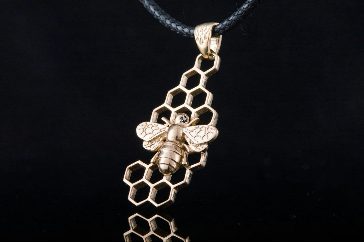 14K Gold Unique Pendant with Bee Symbol Handcrafted Jewelry - vikingworkshop