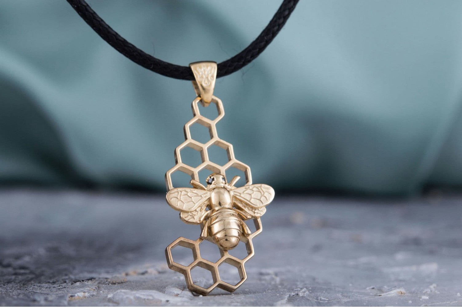 14K Gold Unique Pendant with Bee Symbol Handcrafted Jewelry - vikingworkshop