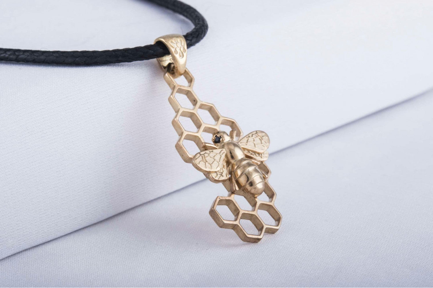 14K Gold Unique Pendant with Bee Symbol Handcrafted Jewelry - vikingworkshop