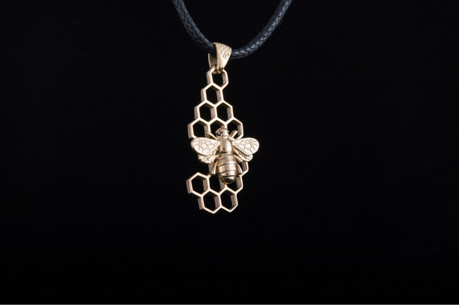 14K Gold Unique Pendant with Bee Symbol Handcrafted Jewelry - vikingworkshop