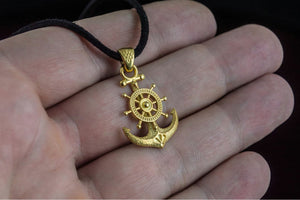 Anchor Symbol with Ship Steering Wheel Pendant Gold Handmade Jewelry - vikingworkshop