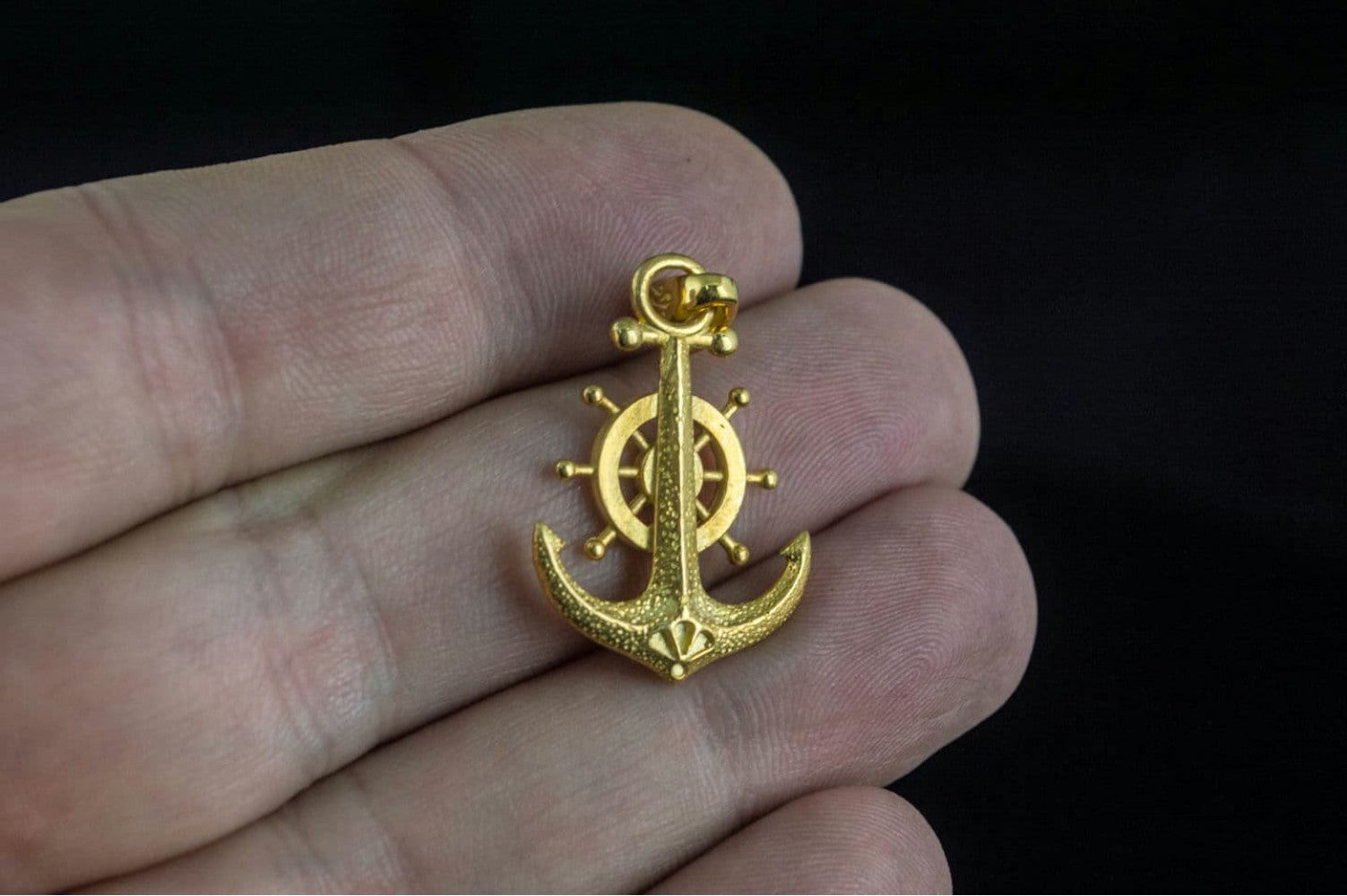 Anchor Symbol with Ship Steering Wheel Pendant Gold Handmade Jewelry - vikingworkshop