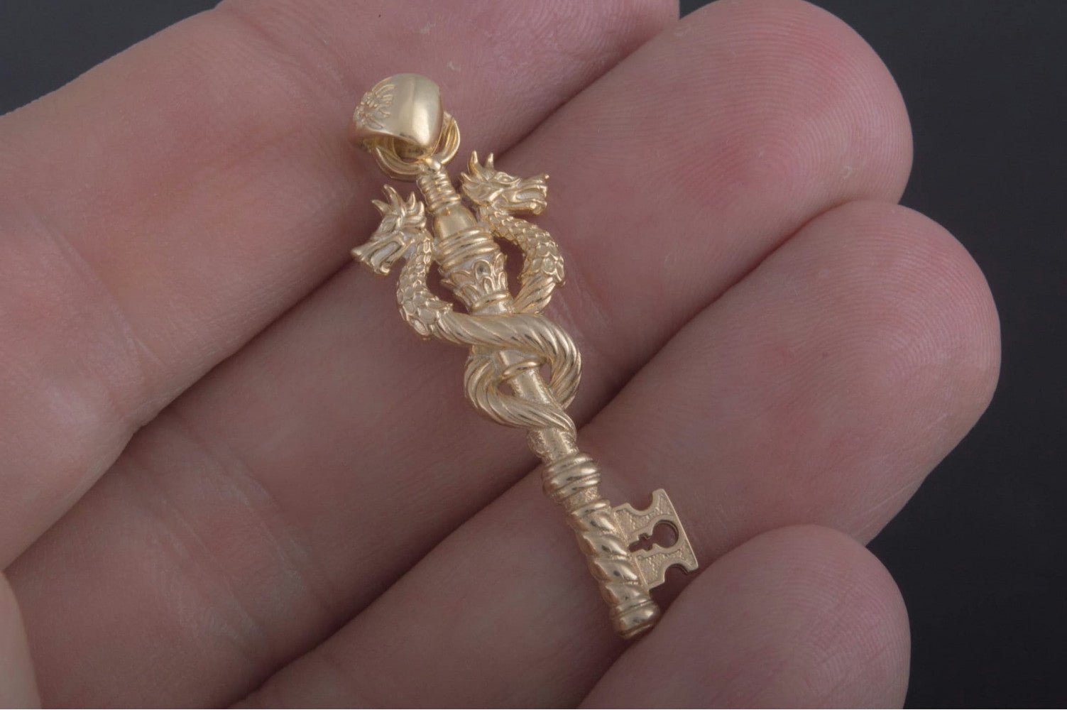 14K Gold Key with Dragon Handmade Jewelry - vikingworkshop