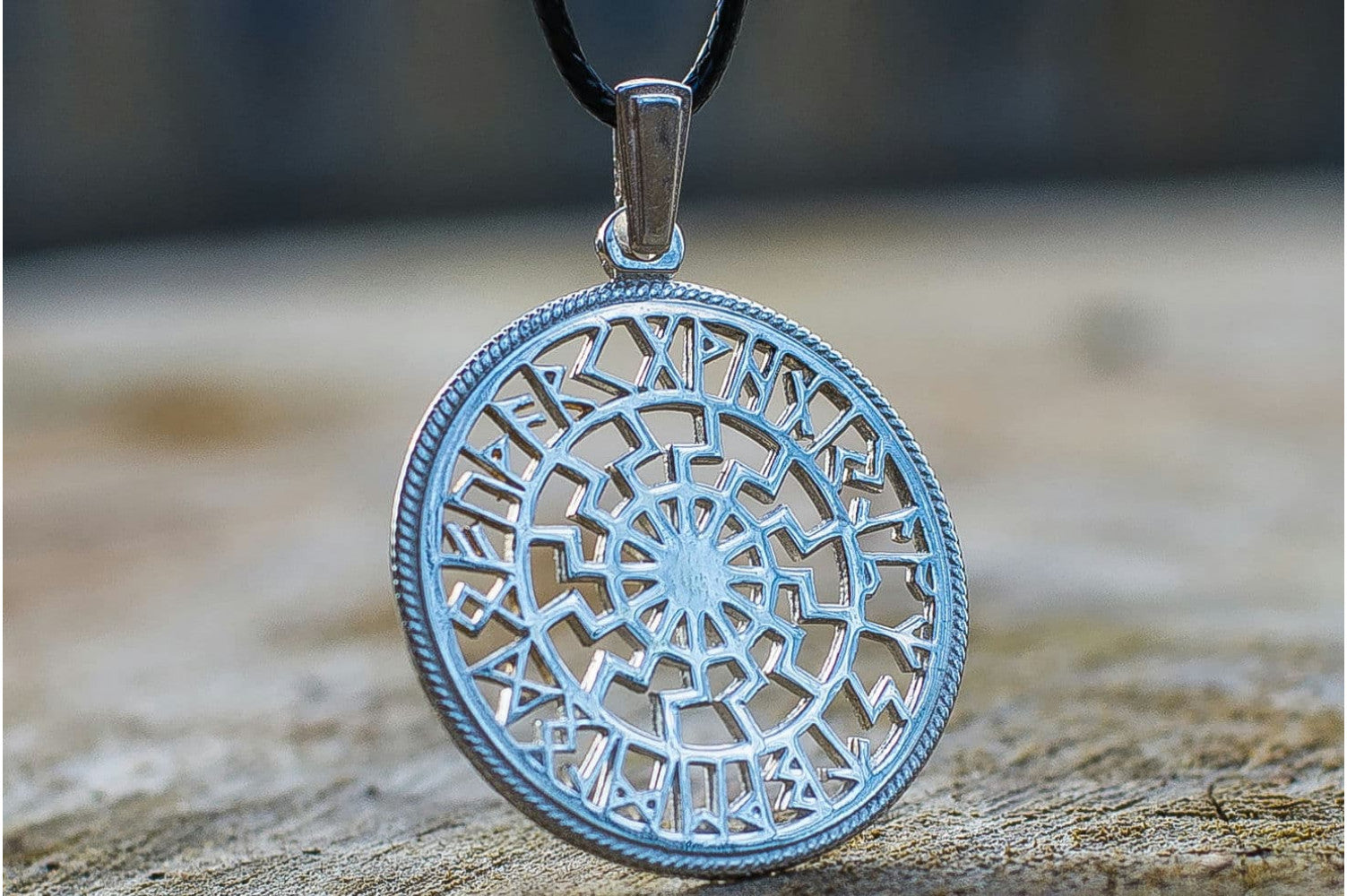 Black Sun Symbol with Runic Calendar Sterling Silver Pendant - vikingworkshop
