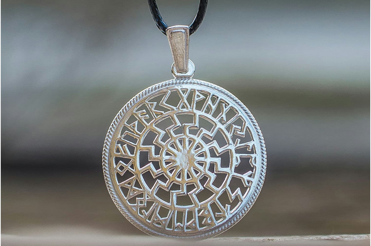 Black Sun Symbol with Runic Calendar Sterling Silver Pendant - vikingworkshop