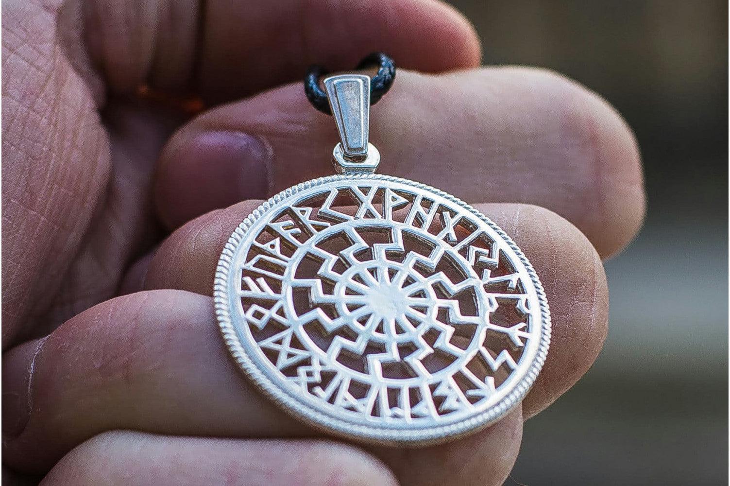 Black Sun Symbol with Runic Calendar Sterling Silver Pendant - vikingworkshop