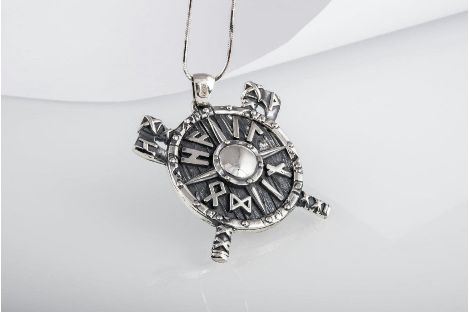 Viking Shield with Axes and Runes Sterling Silver Pendant Viking Jewelry - vikingworkshop