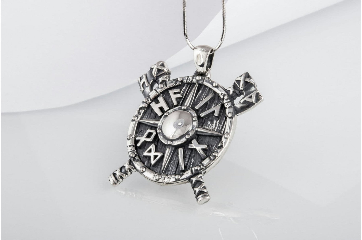 Small Viking Shield with Axes and Runes Sterling Silver Norse Pendant - vikingworkshop