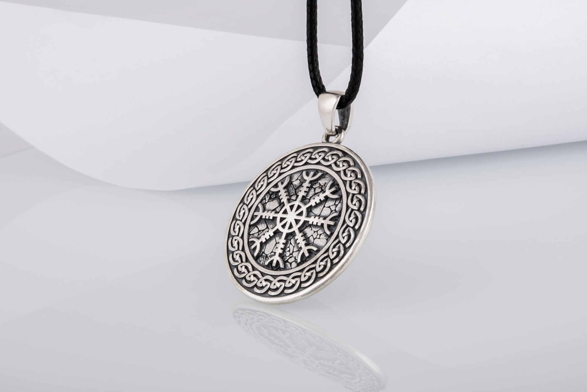 Helm of Awe Symbol with Viking Ornament Pendant Sterling Silver Pagan Jewelry - vikingworkshop