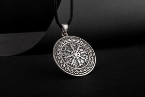 Helm of Awe Symbol with Viking Ornament Pendant Sterling Silver Pagan Jewelry - vikingworkshop