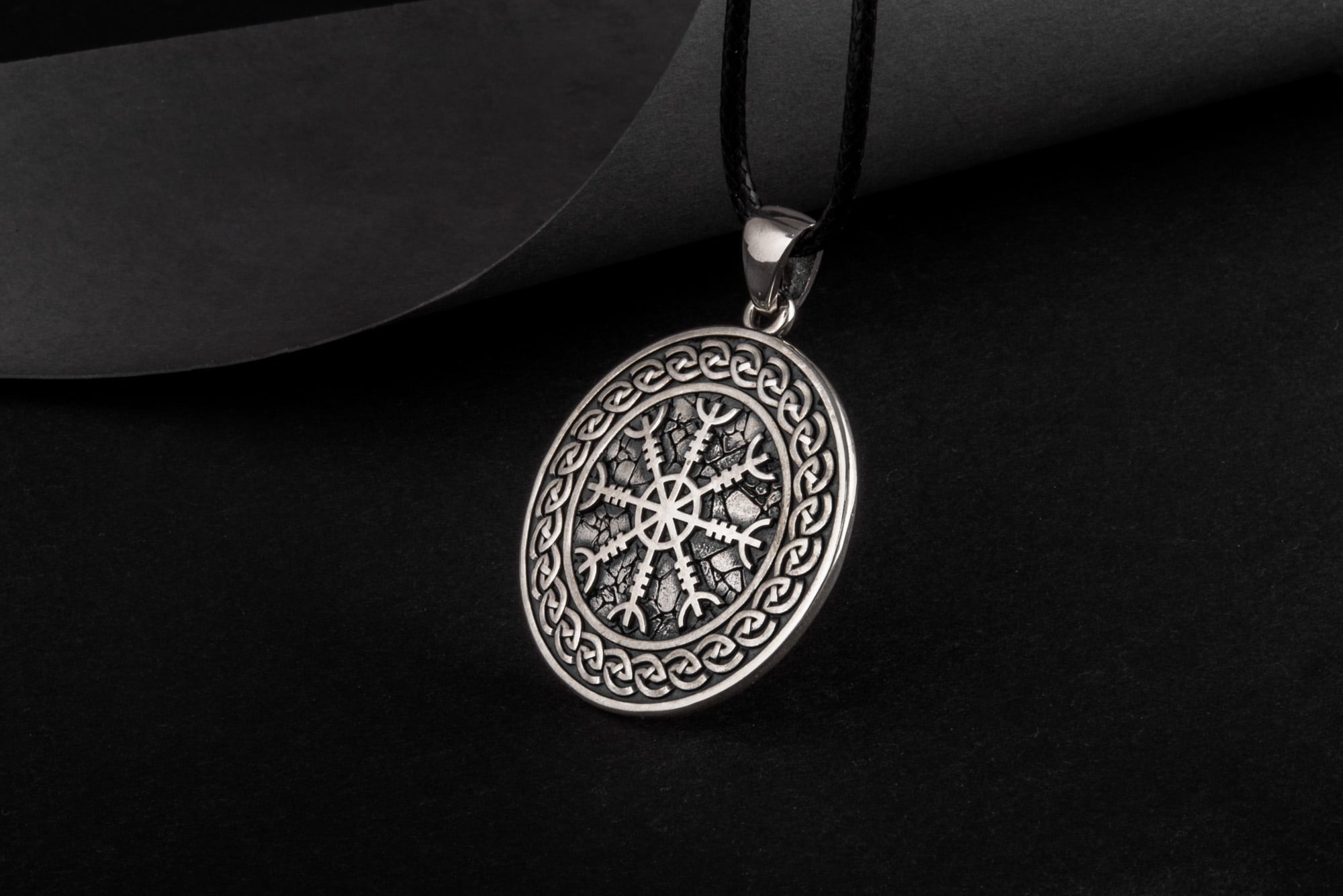 Helm of Awe Symbol with Viking Ornament Pendant Sterling Silver Pagan Jewelry - vikingworkshop