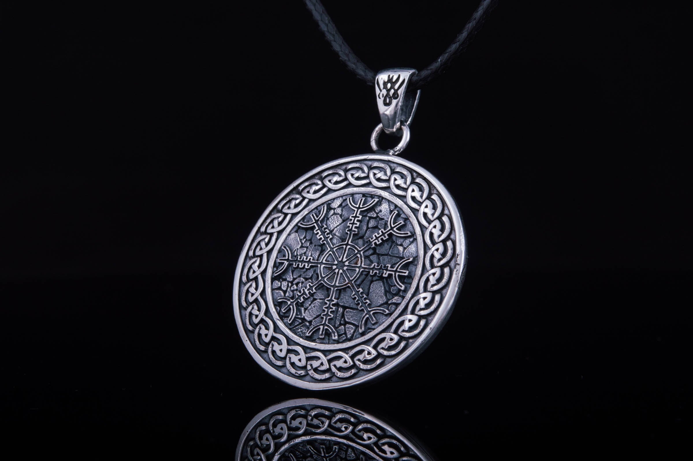 Helm of Awe Symbol with Viking Ornament Pendant Sterling Silver Pagan Jewelry - vikingworkshop