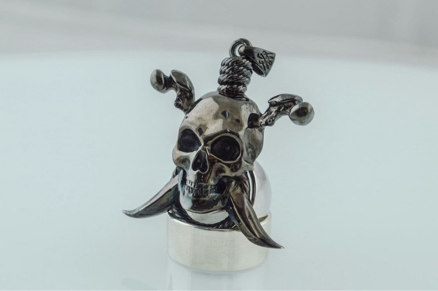 Pirate Skull Pendant Ruthenium Plated Sterling Silver Necklace Black Limited Edition Jewelry - vikingworkshop