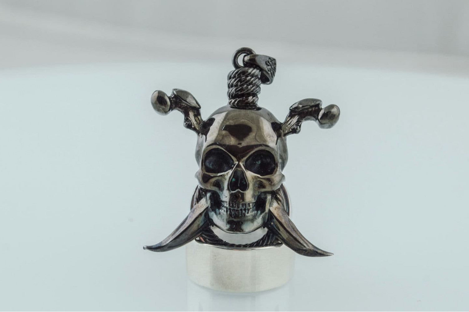 Pirate Skull Pendant Ruthenium Plated Sterling Silver Necklace Black Limited Edition Jewelry - vikingworkshop