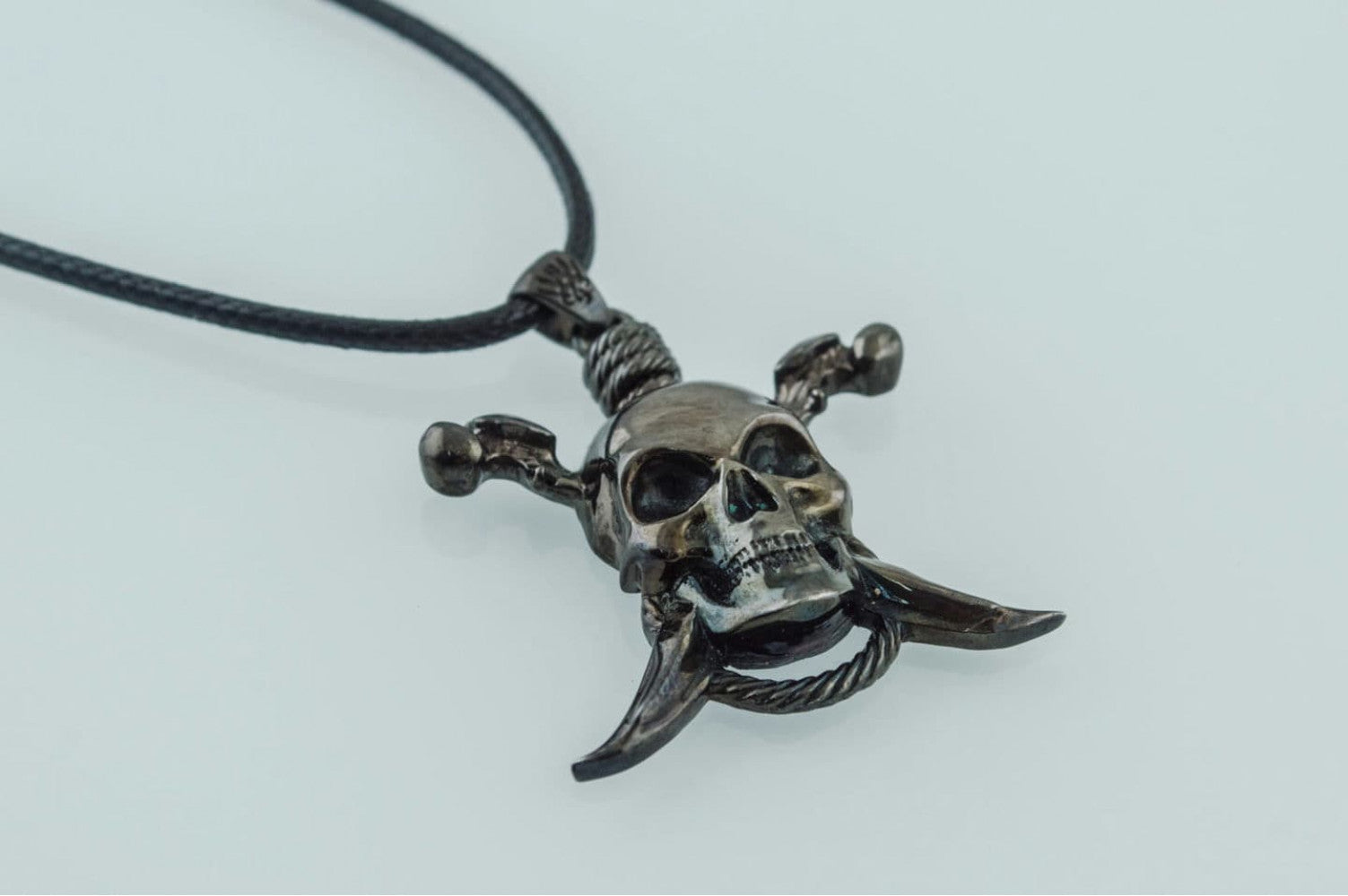 Pirate Skull Pendant Ruthenium Plated Sterling Silver Necklace Black Limited Edition Jewelry - vikingworkshop