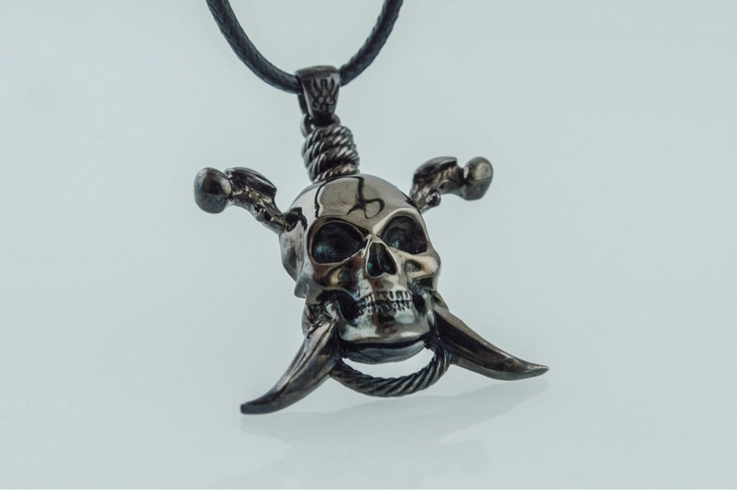 Pirate Skull Pendant Ruthenium Plated Sterling Silver Necklace Black Limited Edition Jewelry - vikingworkshop