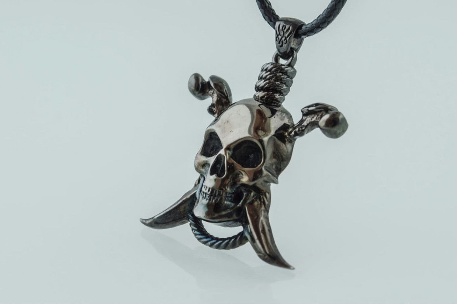 Pirate Skull Pendant Ruthenium Plated Sterling Silver Necklace Black Limited Edition Jewelry - vikingworkshop