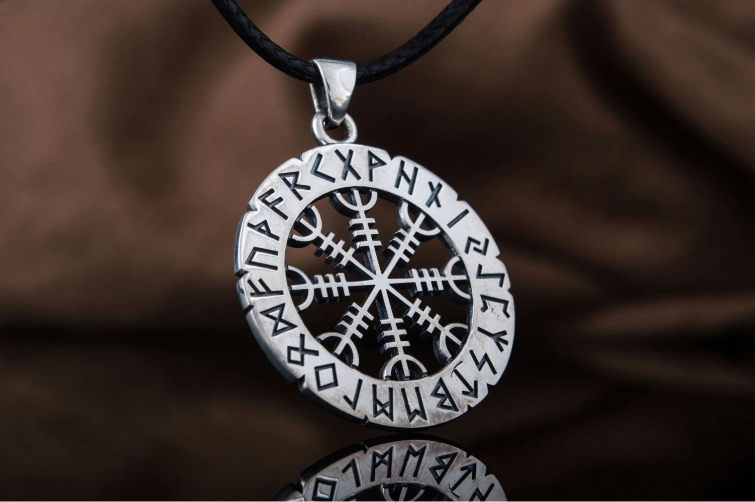 Helm of Awe Symbol with Elder Futhark Runes Sterling Silver Pendant - vikingworkshop