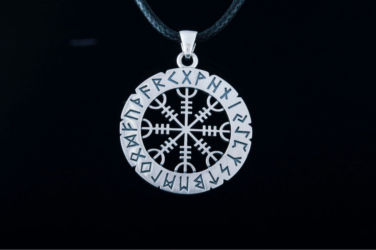 Helm of Awe Symbol with Elder Futhark Runes Sterling Silver Pendant - vikingworkshop