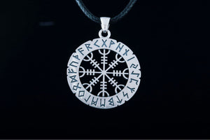 Helm of Awe Symbol with Elder Futhark Runes Sterling Silver Pendant - vikingworkshop