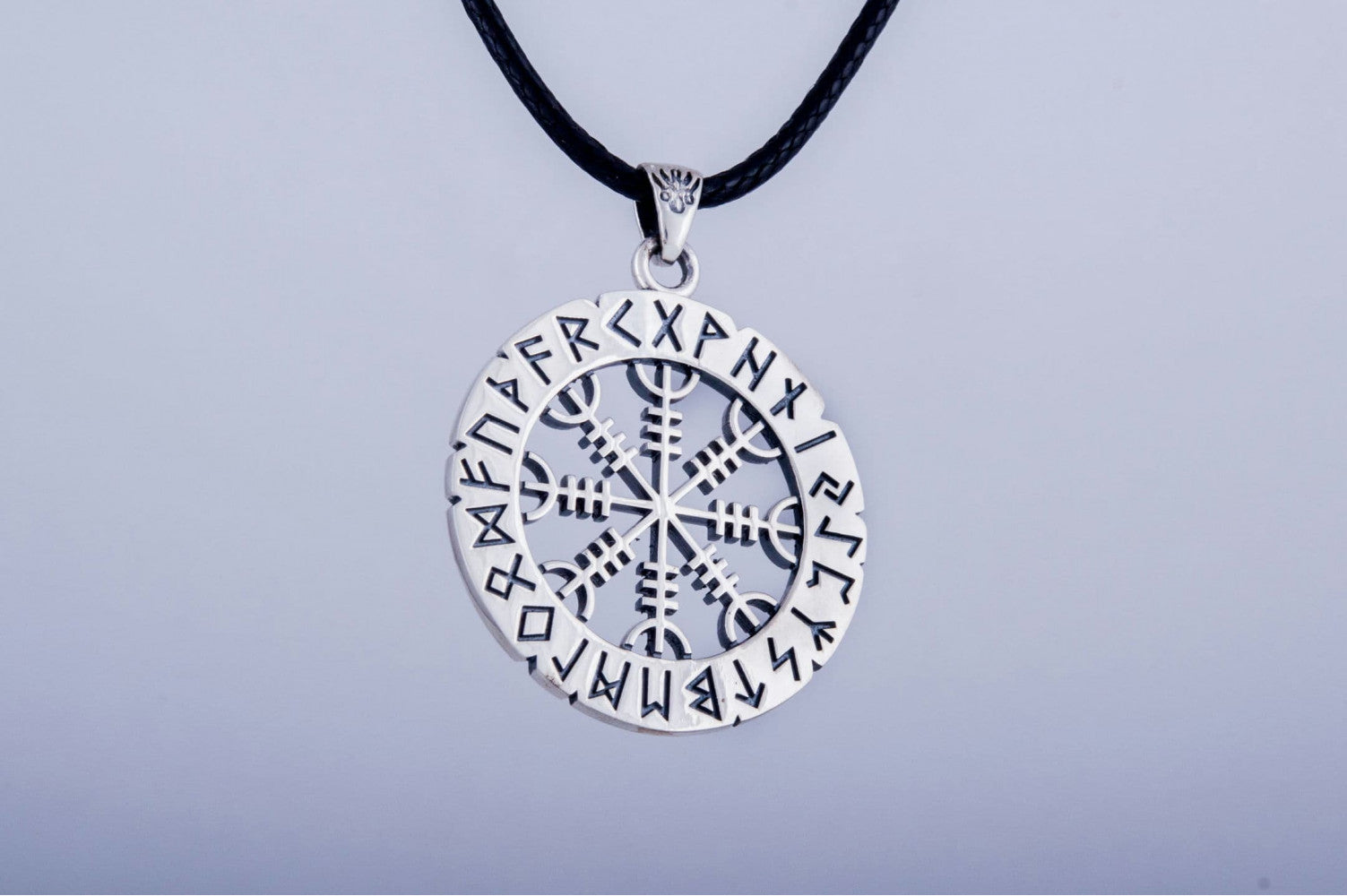 Helm of Awe Symbol with Elder Futhark Runes Sterling Silver Pendant - vikingworkshop