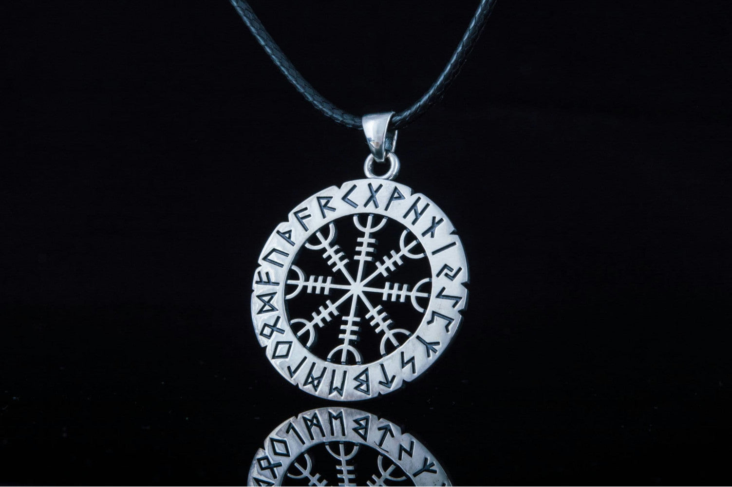 Helm of Awe Symbol with Elder Futhark Runes Sterling Silver Pendant - vikingworkshop