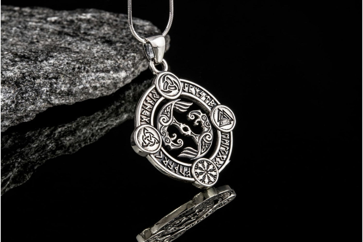 Odin Raven Pendant with Norse Symbols Sterling Silver Viking Jewelry - vikingworkshop