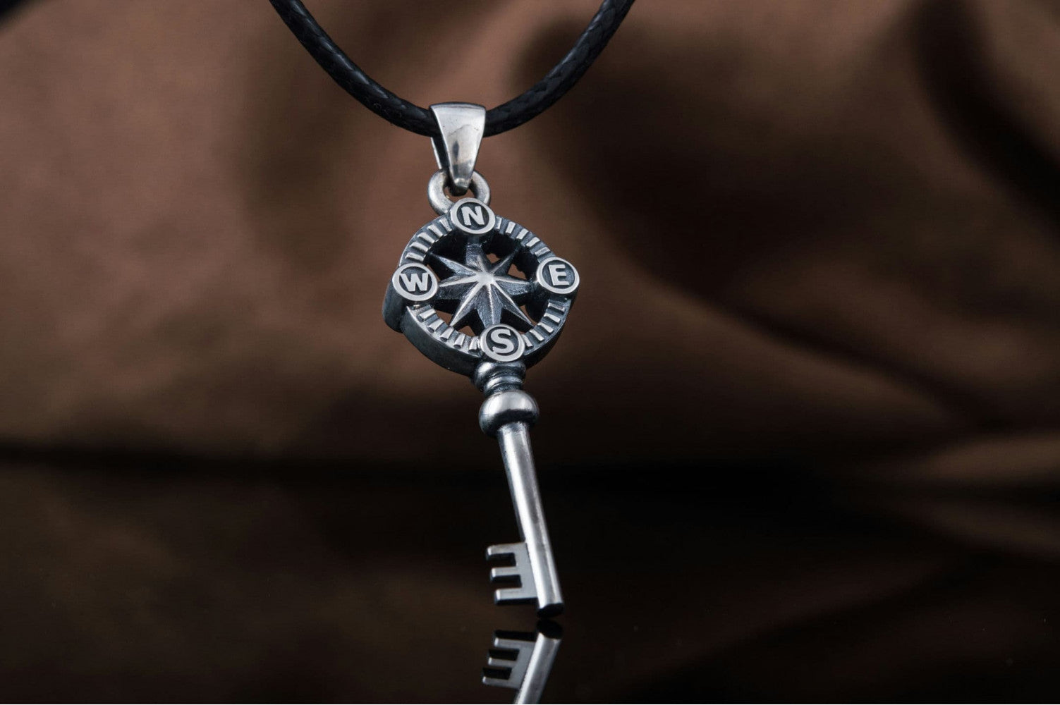 Key Pendant with Compass Symbol Handmade Starling Silver Jewelry - vikingworkshop