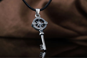 Key Pendant with Compass Symbol Handmade Starling Silver Jewelry - vikingworkshop