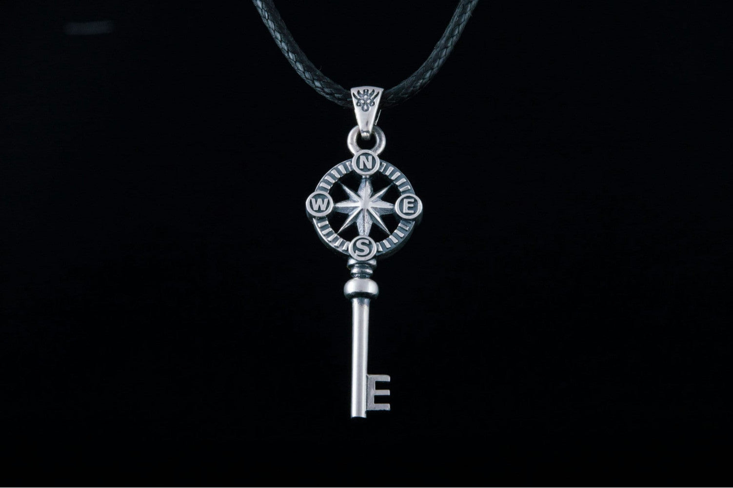 Key Pendant with Compass Symbol Handmade Starling Silver Jewelry - vikingworkshop