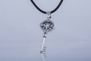 Key Pendant with Compass Symbol Handmade Starling Silver Jewelry - vikingworkshop