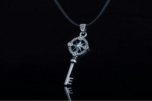 Key Pendant with Compass Symbol Handmade Starling Silver Jewelry - vikingworkshop