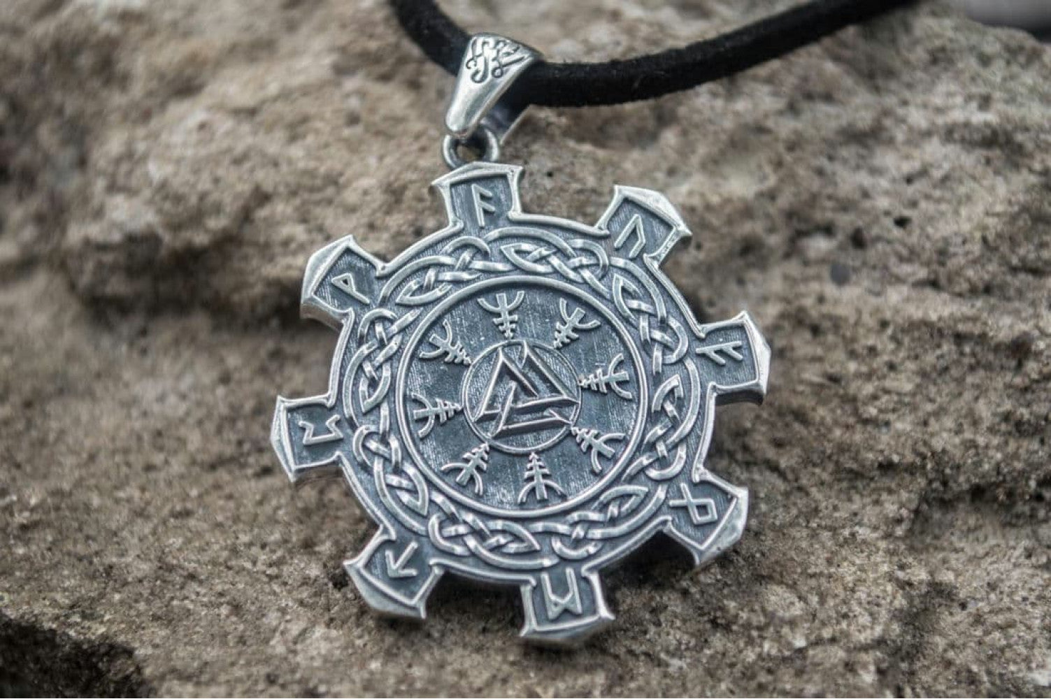 Valknut Symbol with Viking Ornament Pendant Sterling Silver Unique Jewelry - vikingworkshop