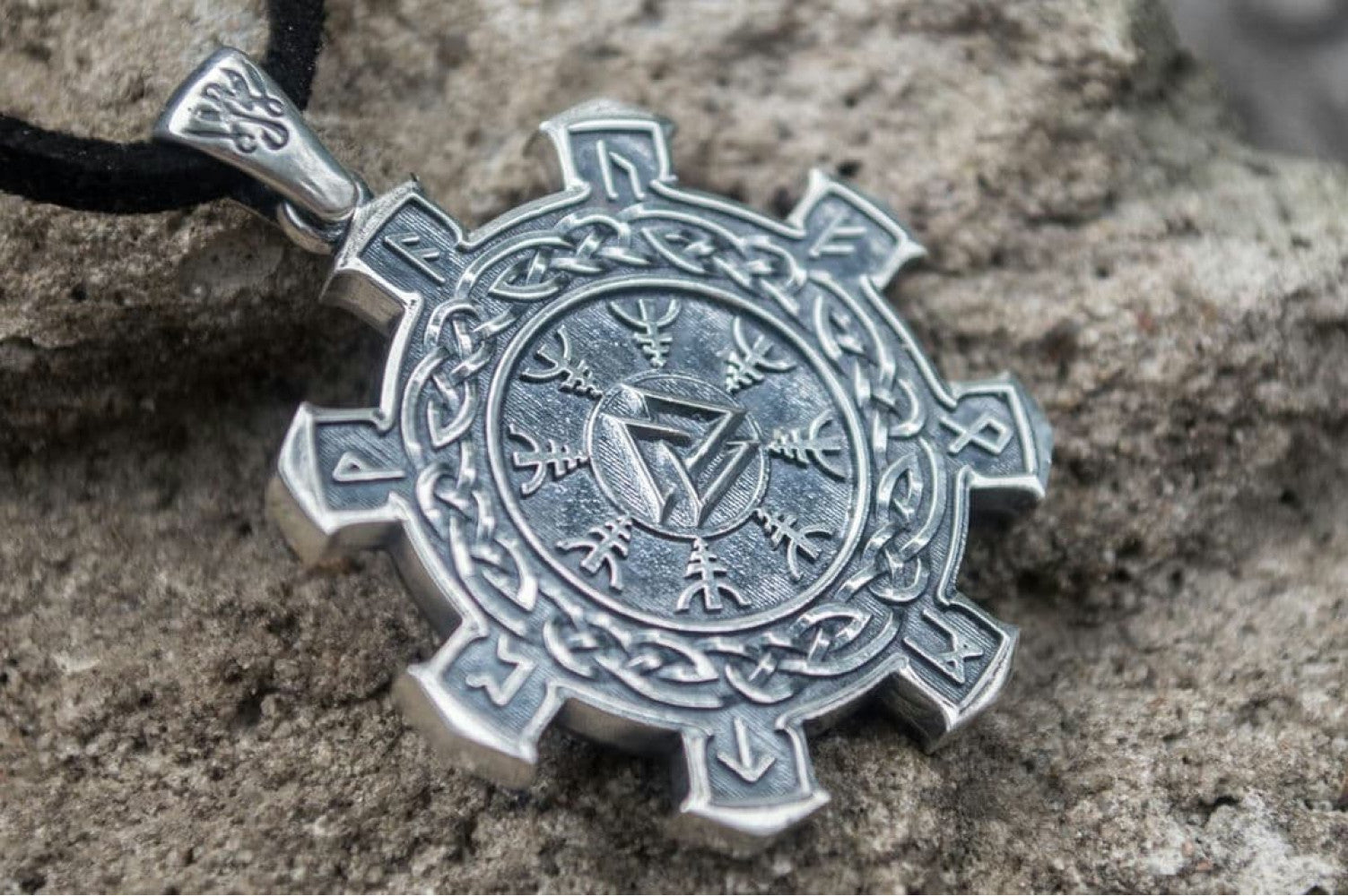 Valknut Symbol with Viking Ornament Pendant Sterling Silver Unique Jewelry - vikingworkshop