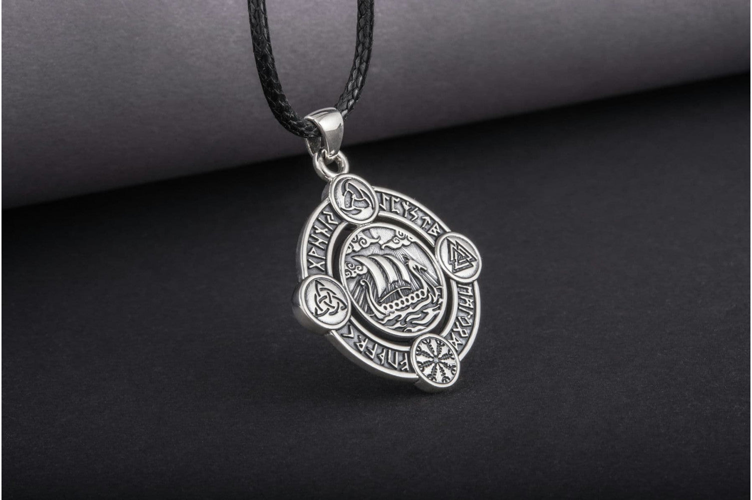 Drakkar Pendant with Norse Symbols Sterling Silver Viking Jewelry - vikingworkshop