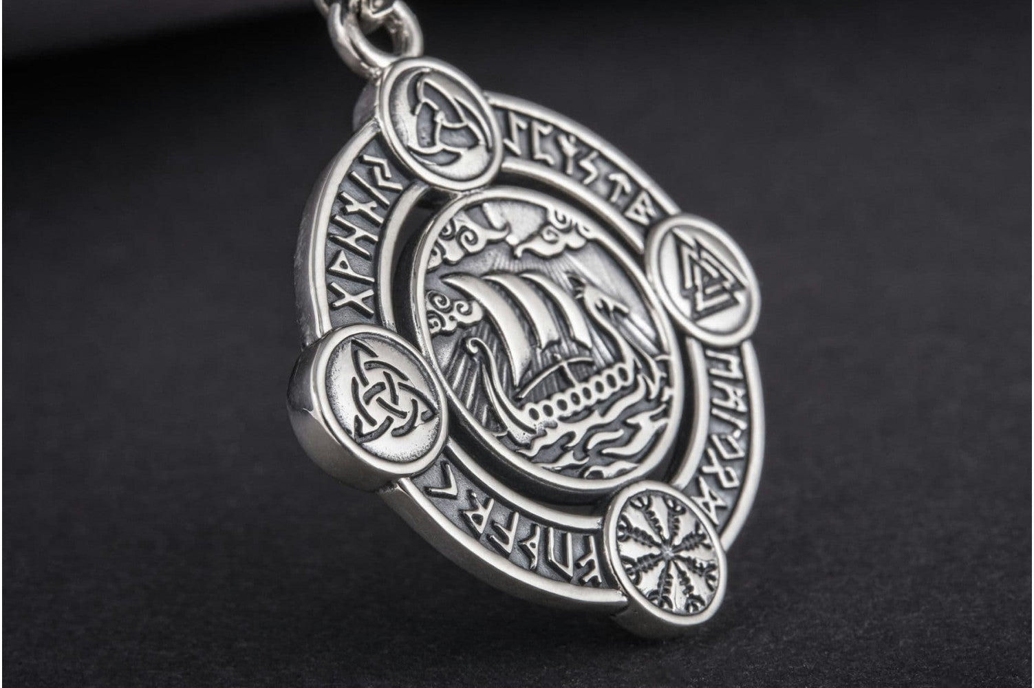 Drakkar Pendant with Norse Symbols Sterling Silver Viking Jewelry - vikingworkshop