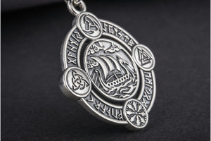 Drakkar Pendant with Norse Symbols Sterling Silver Viking Jewelry - vikingworkshop