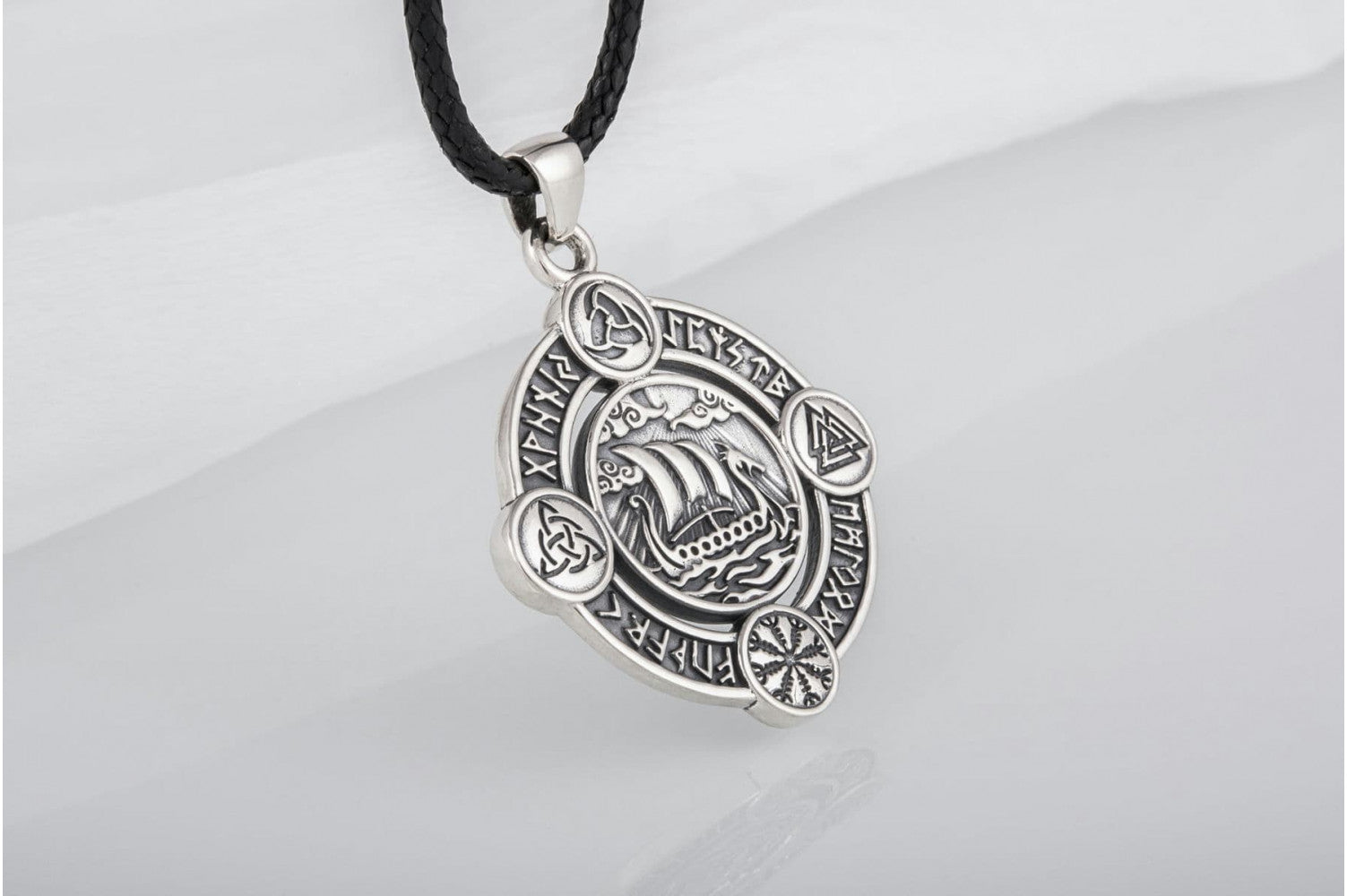 Drakkar Pendant with Norse Symbols Sterling Silver Viking Jewelry - vikingworkshop