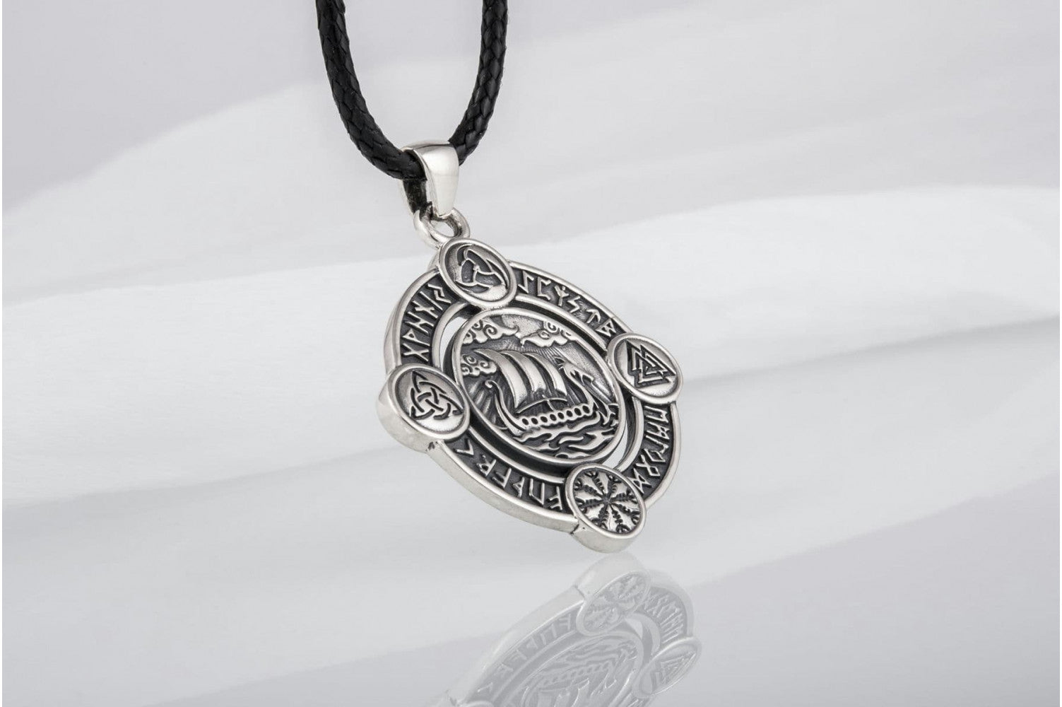 Drakkar Pendant with Norse Symbols Sterling Silver Viking Jewelry - vikingworkshop