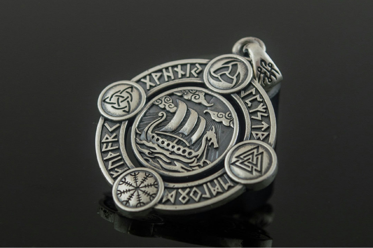 Drakkar Pendant with Norse Symbols Sterling Silver Viking Jewelry - vikingworkshop